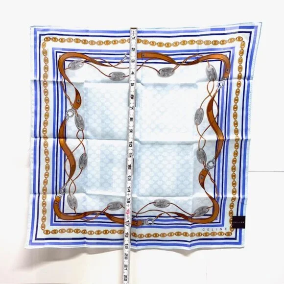 New Trendy Celine Paris Mini Scarf 20"Cotton/Silk blue gold chain  belt logo( 56 - Picture 5 of 7
